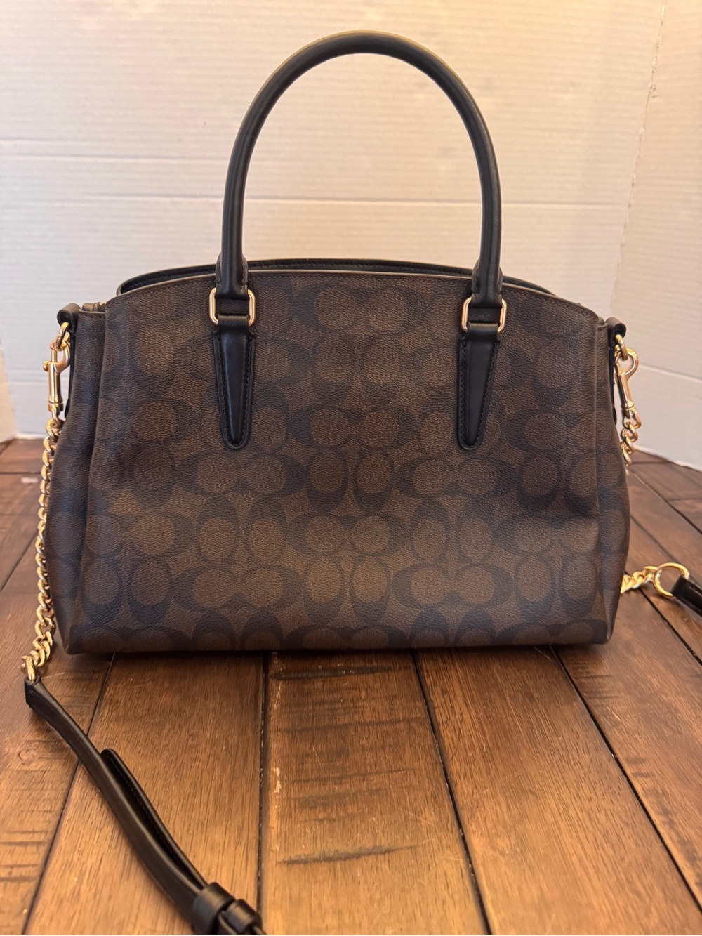 Coach Brown Signature Leather Gold Chain Purse Shoulder Bag F29683 Medium - Picture 2 of 15
